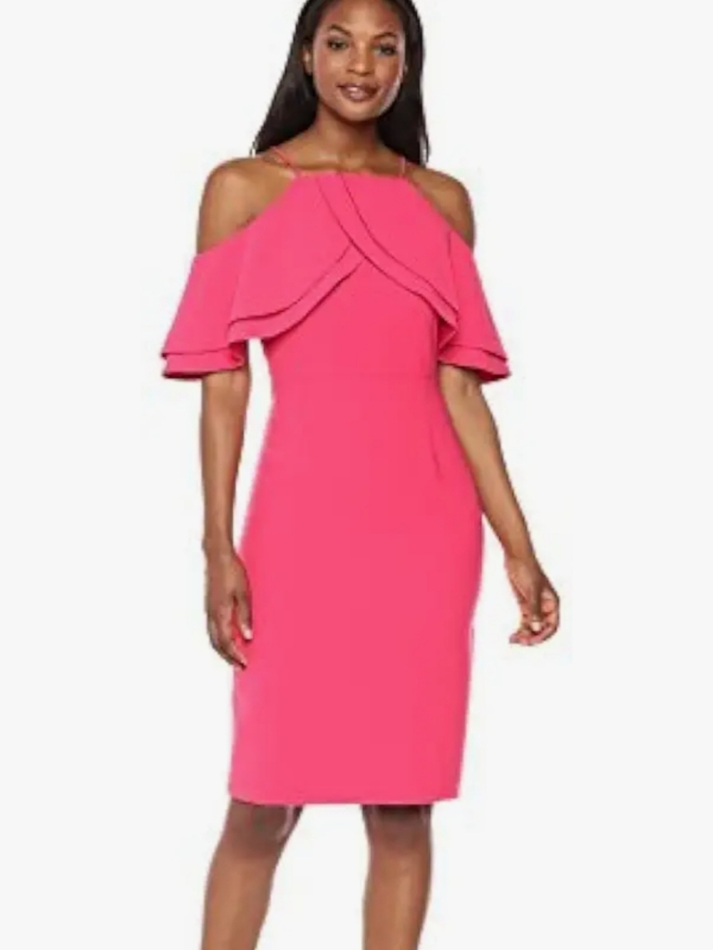 Eliza J Hot Pink Cold-Shoulder Ruffle Midi Dress
